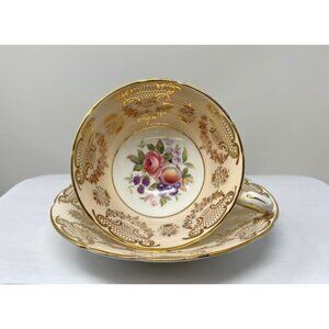Vintage Paragon Footed Teacup and Saucer #D6851 Rose & Fruit Gold Gilded 1957